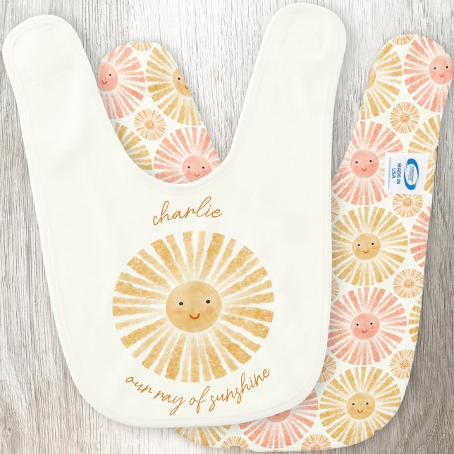 Ray of Sunshine Personalized Watercolor Baby Bib (Our ray of sunshine personalized name custom text baby bib with matching pattern on reverse)