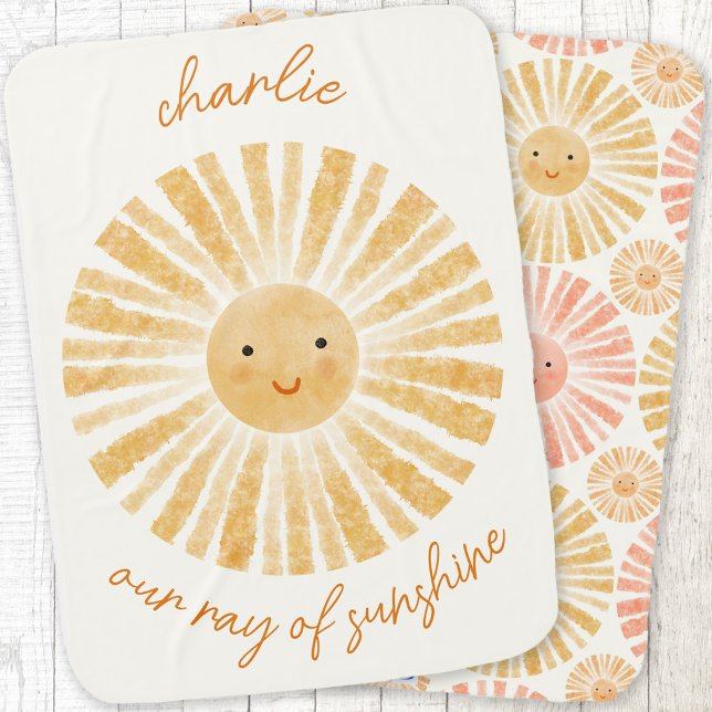Ray of Sunshine Personalized Watercolor Baby Blanket (Our Ray of Sunshine personalized name nursery decor baby blanket with matching pattern on reverse)