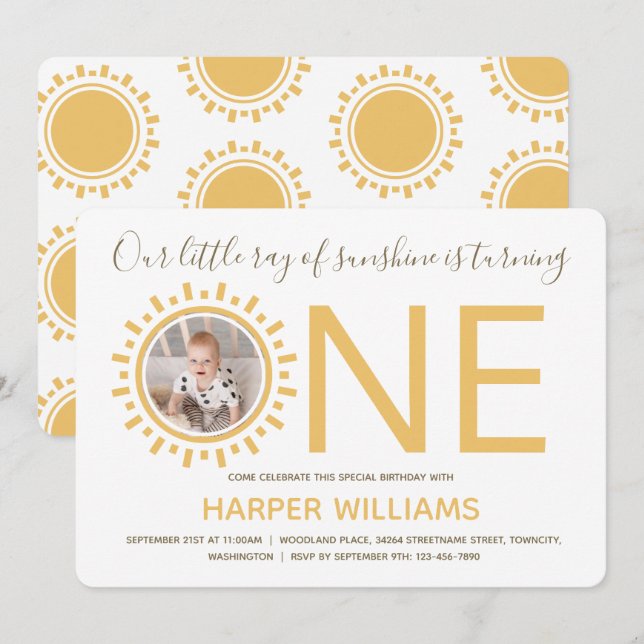 Ray of Sunshine Photo Baby First Birthday Invitation (Front/Back)