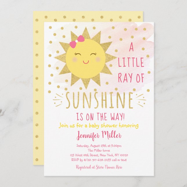 Ray Of Sunshine Pink & Gold Baby Shower Invitation (Front/Back)