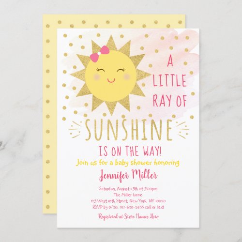 Ray Of Sunshine Pink  Gold Baby Shower Invitation