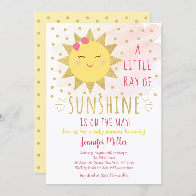 Ray Of Sunshine Pink & Gold Baby Shower Invitation (Front/Back)