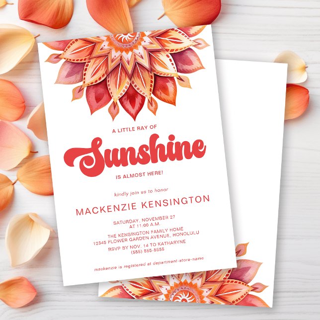 Ray of Sunshine Retro Boho Baby Shower Invitation (Little Ray of Sunshine Boho Hippie Baby Shower Invitation)