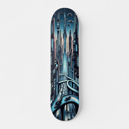 Raygun Gothic Futuristic Cityscape Deck Skateboard