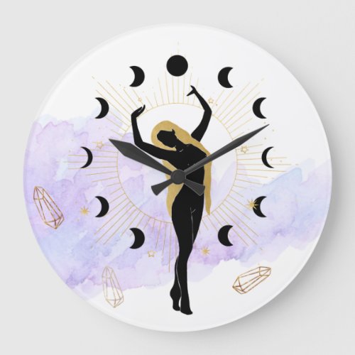  Rays Crystals Cosmic Black Gold Goddess Moon   Large Clock