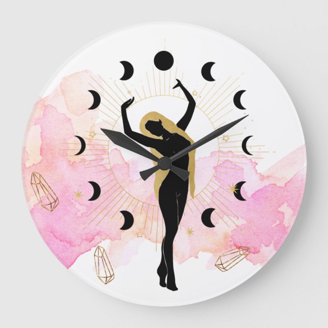 *~* Rays Crystals Cosmic Gold Black Goddess Moon Large Clock (Front)