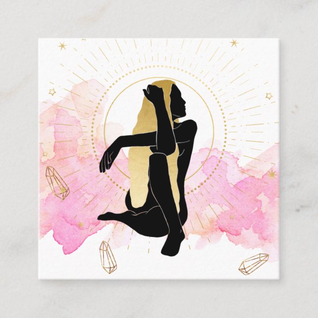*~* Rays Moon Crystals Cosmic Gold Black Goddess Square Business Card (Front)