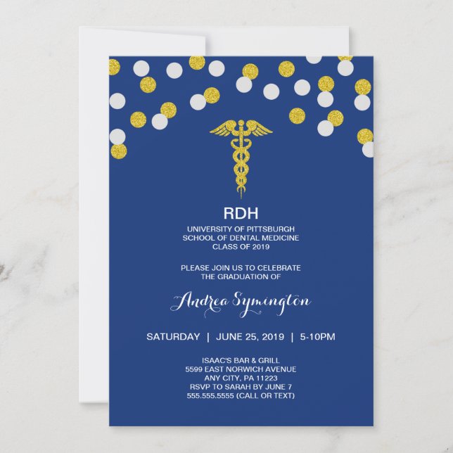 RDH graduation ceremony or party, gold navy Invitation (Front)