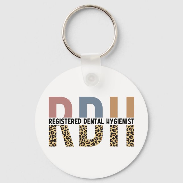 RDH Registered Dental Hygienist Leopard Typography Keychain (Front)