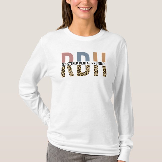 RDH Registered Dental Hygienist Leopard Typography T-Shirt (Front)
