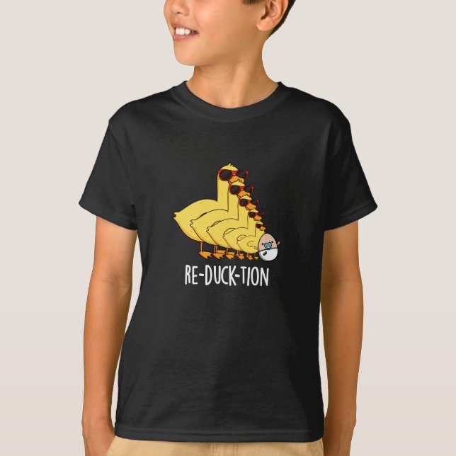 Re-duck-tion Funny Animal Duck Pun Dark BG T-Shirt (Front)