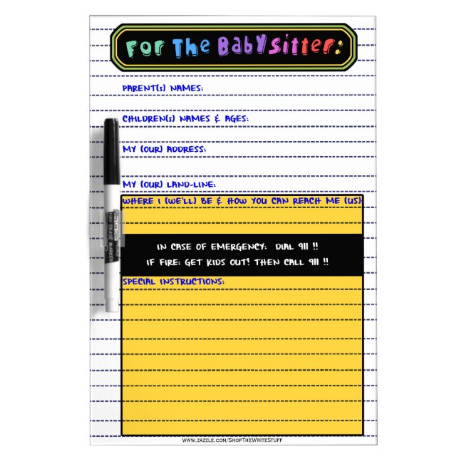 Re-Usable Babysitter Info Board (Front)
