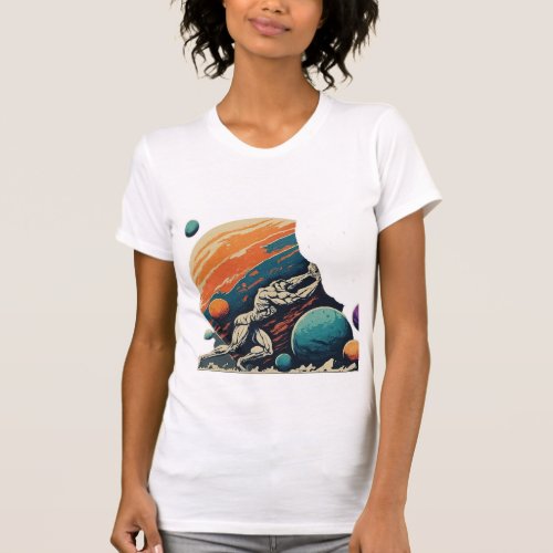 Reach for the cosmos A Man Pushing Up Planets T_Shirt