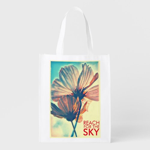 Reach for the Sky Pink Cosmos Quote Grocery Bag