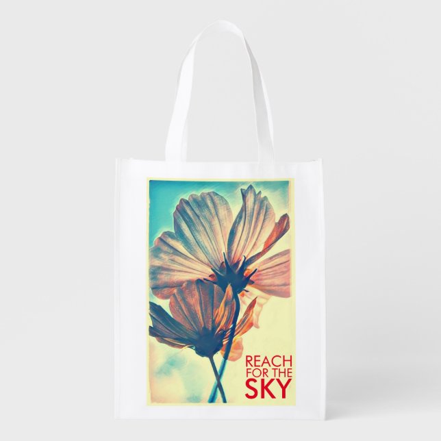 Reach for the Sky Pink Cosmos Quote Grocery Bag (Front)