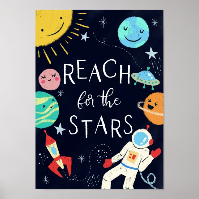Reach for the Stars Cute Galaxy Planets Nursery Poster (Front)