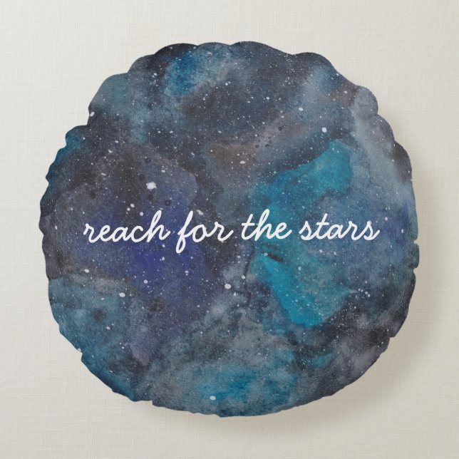 Reach For The Stars Space Galaxy Script Quote Round Pillow (Front)