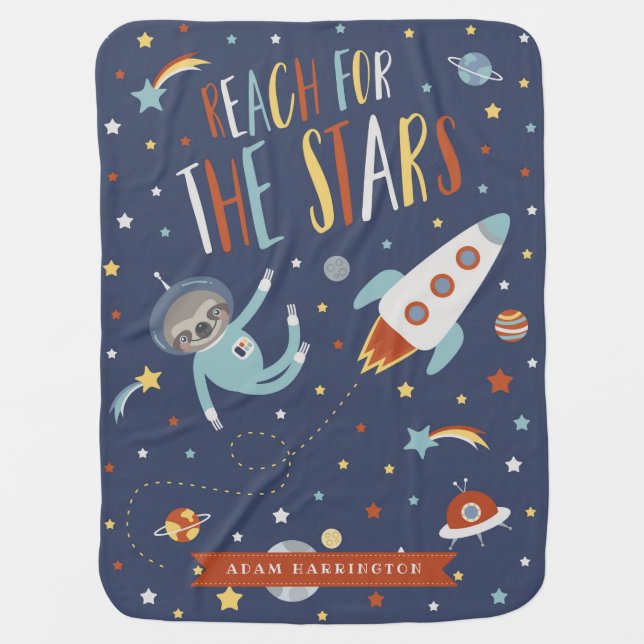 Reach for the Stars - Space Sloth - Custom Name Receiving Blanket (Front)