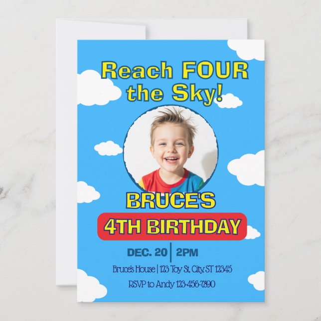 Reach FOUR the Sky, Picture Clouds 4th Birthday Invitation (Front)