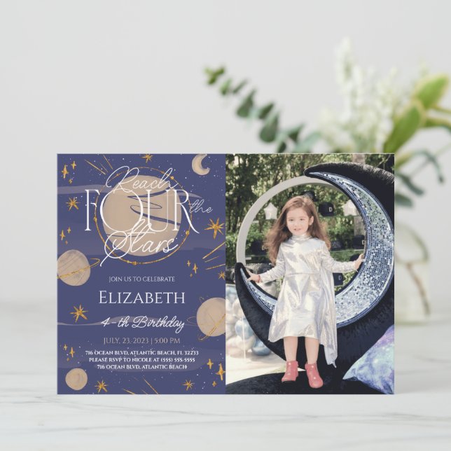 Reach Four The Stars Birthday Photo Invitation (Standing Front)