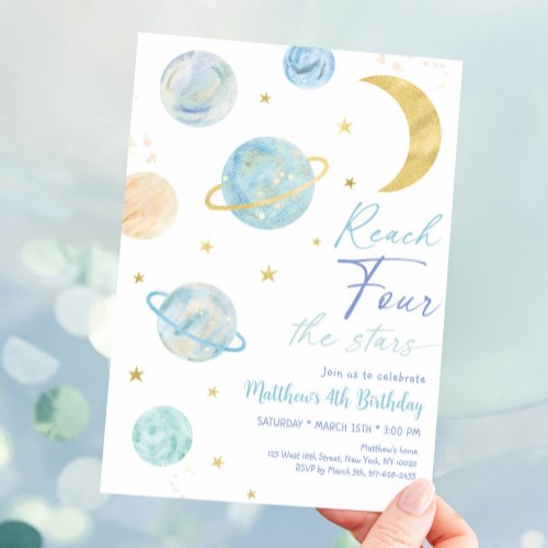 Reach FOUR the Stars Blue Space Birthday Invitation