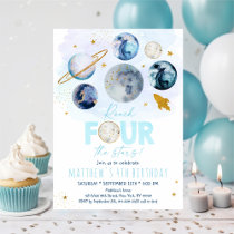 Reach FOUR The Stars Blue Space Birthday Invitation