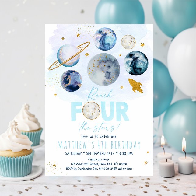 Reach FOUR The Stars Blue Space Birthday Invitation (Creator Uploaded)