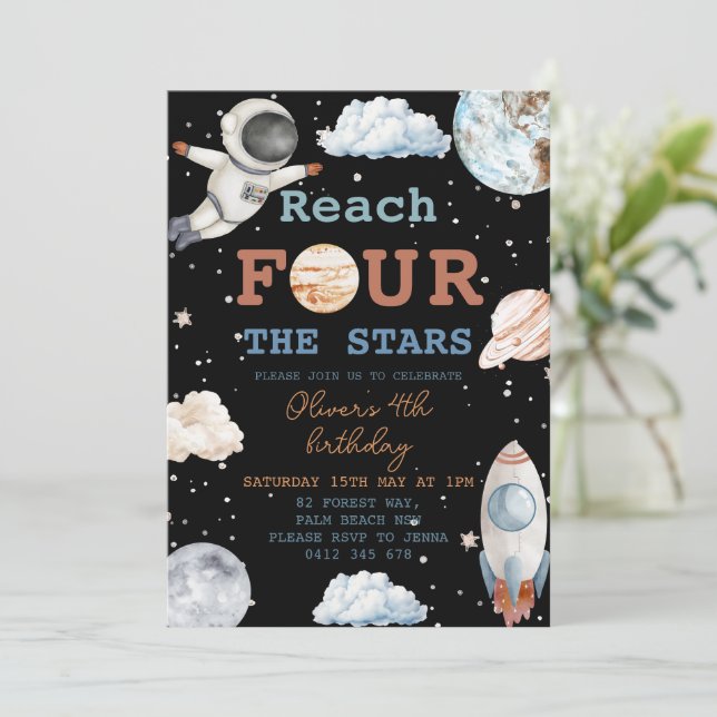 Reach Four The Stars Boy black Space 4th Birthday Invitation (Standing Front)