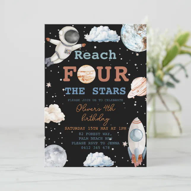 Reach Four The Stars Boy black Space 4th Birthday Invitation | Zazzle