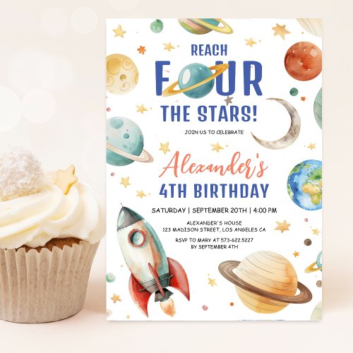 Reach Four The Stars Boy Galaxy 4th Birthday Party Invitation