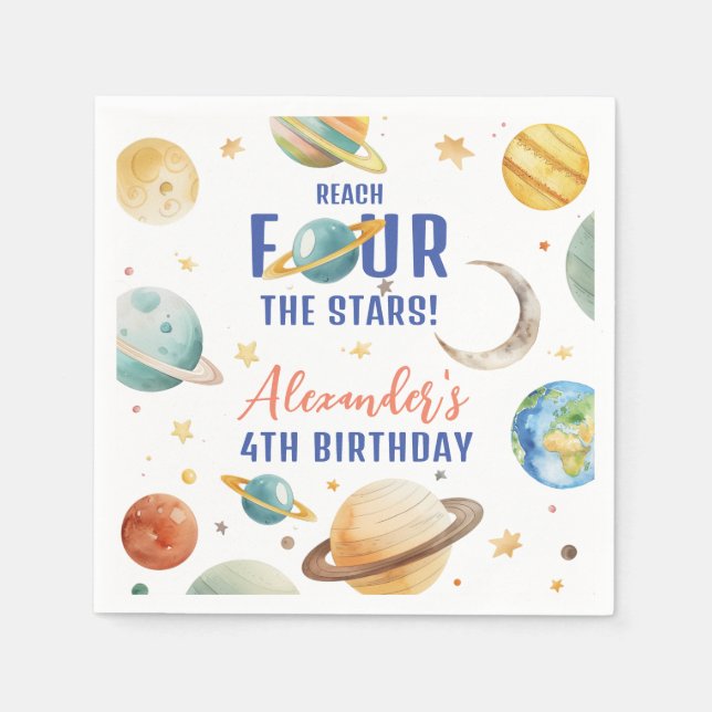 Reach Four The Stars Boy Galaxy 4th Birthday Party Napkins (Front)