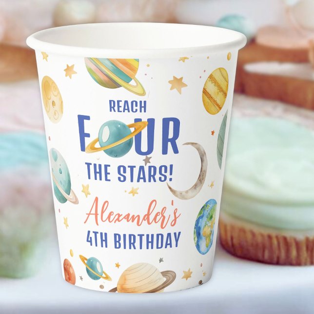 Reach Four The Stars Boy Galaxy 4th Birthday Party Paper Cups (Creator Uploaded)