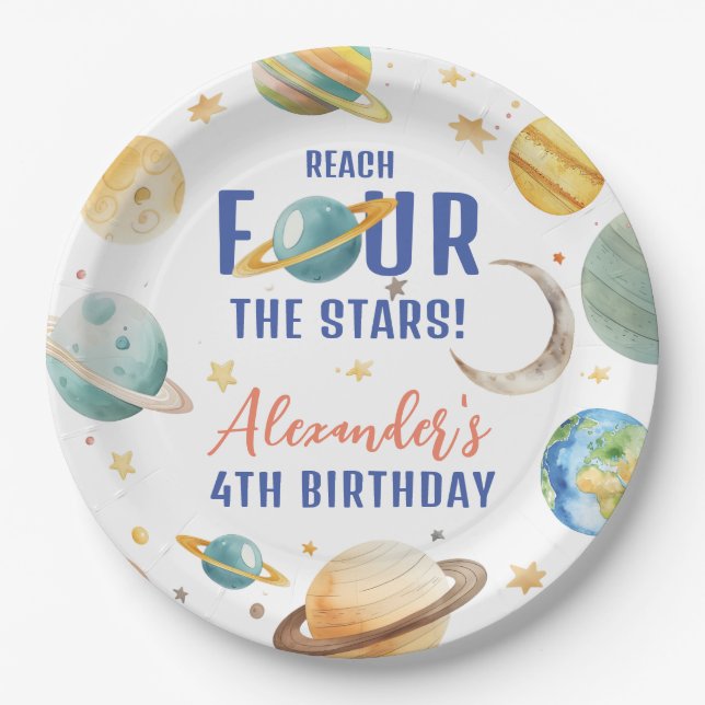 Reach Four The Stars Boy Galaxy 4th Birthday Party Paper Plates (Front)