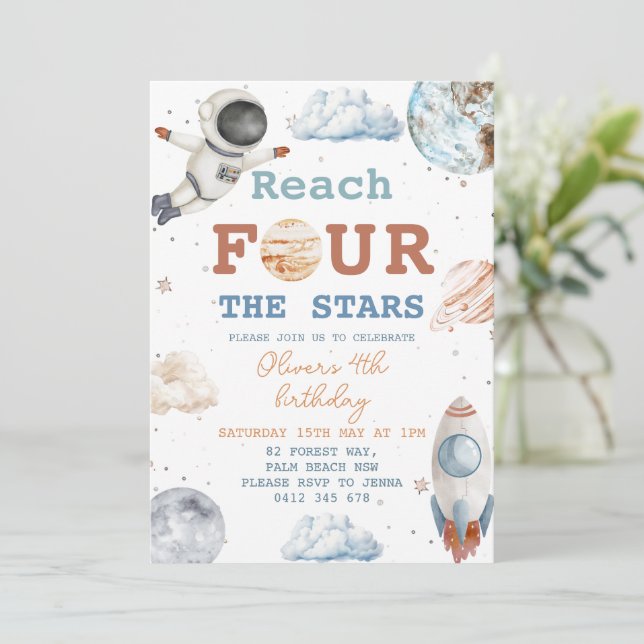 Reach Four The Stars Boy Space 4th Birthday Invitation (Standing Front)
