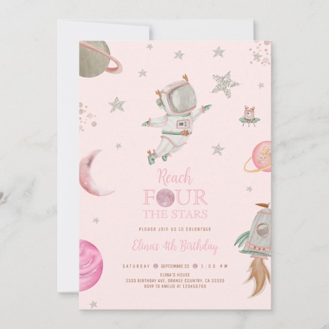 Reach four the stars, Girl Astronaut, Space 4th Invitation (Front)