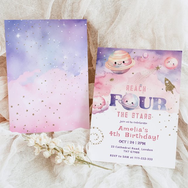 Reach Four the stars Girl Space birthday Invitation (Creator Uploaded)