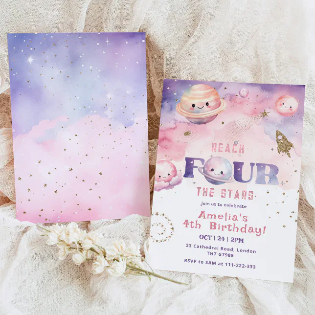 Reach Four the stars Girl Space birthday Invitation | Zazzle