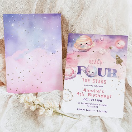 Reach Four the stars Girl Space birthday photo Invitation