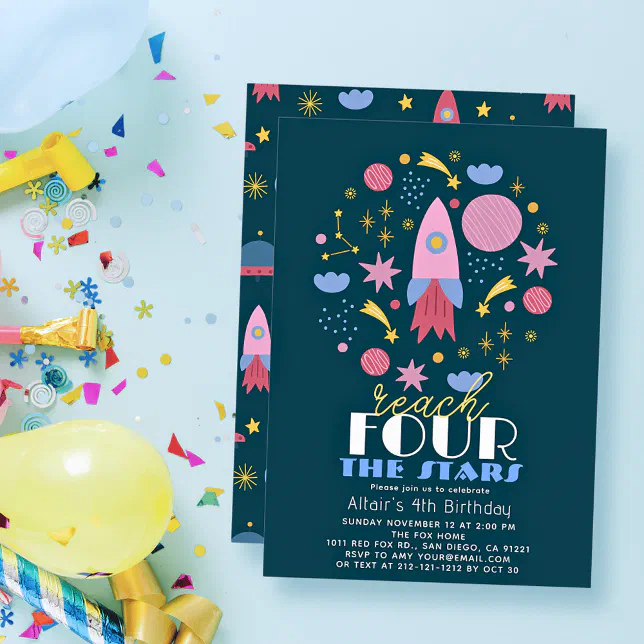 Reach FOUR The Stars Navy Space Boy Birthday Invitation | Zazzle