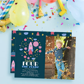 Reach FOUR The Stars Navy Space Photo Birthday Invitation