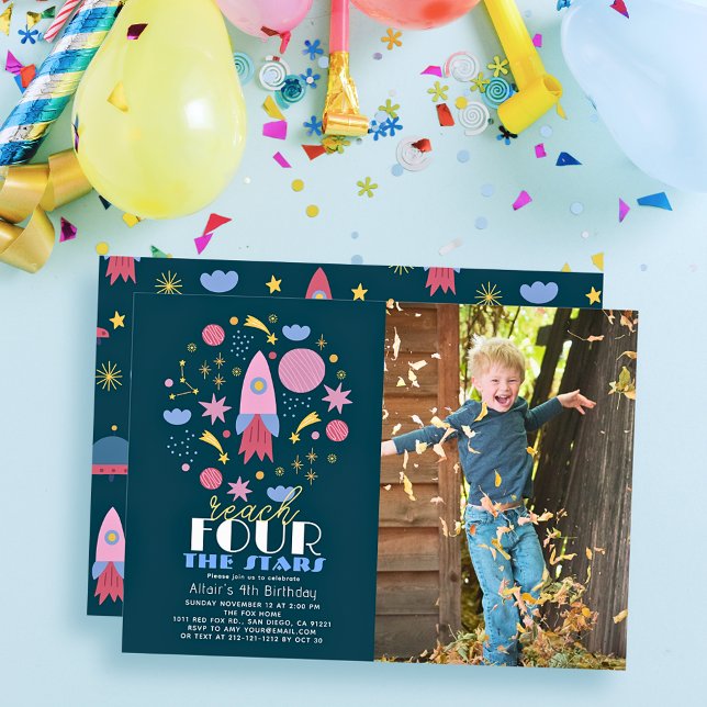 Reach FOUR The Stars Navy Space Photo Birthday Invitation (Creator Uploaded)