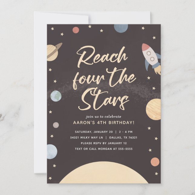 Reach Four the Stars Outer Space 4th Birthday Invitation (Front)