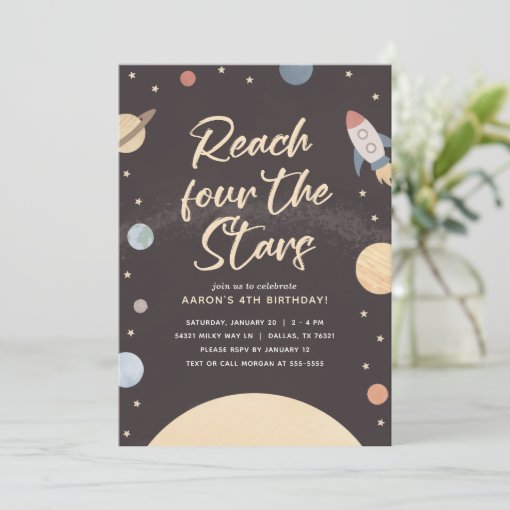 Reach Four the Stars Outer Space 4th Birthday Invitation | Zazzle