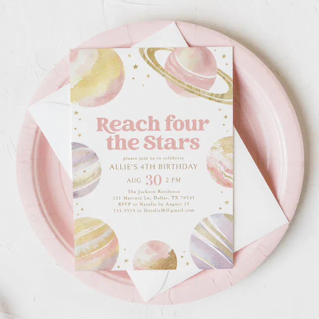 Reach Four the Stars Pink Gold Space Birthday Invitation | Zazzle