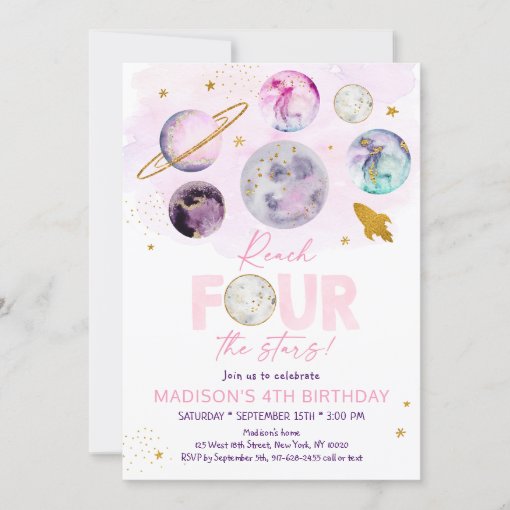 Reach FOUR The Stars Pink Space Birthday Invitation | Zazzle
