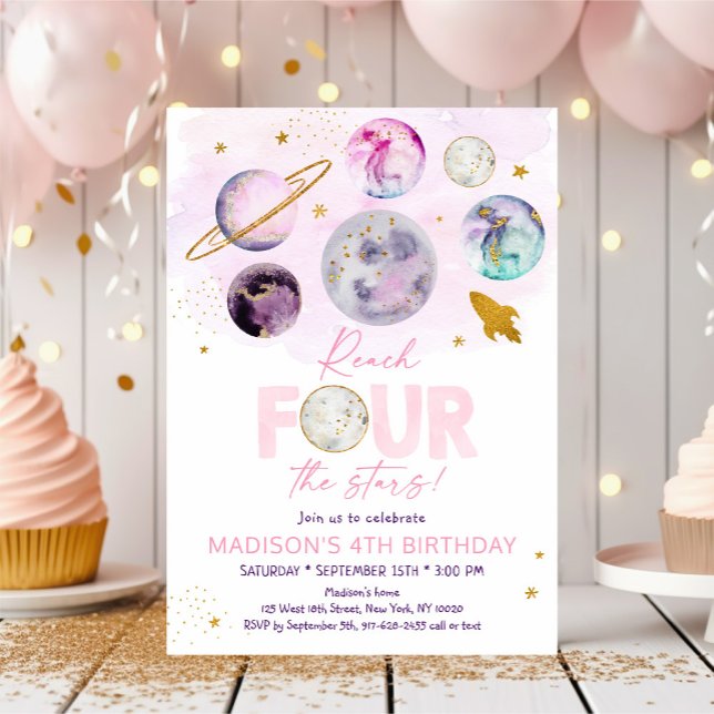 Reach FOUR The Stars Pink Space Birthday Invitation (Creator Uploaded)
