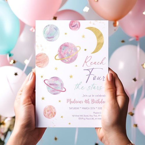 Reach FOUR the Stars Pink Space Birthday Invitation