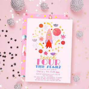 Reach FOUR The Stars Pink Space Girl Birthday Invitation