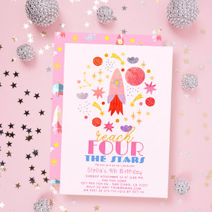 Reach FOUR The Stars Pink Space Girl Birthday Invitation