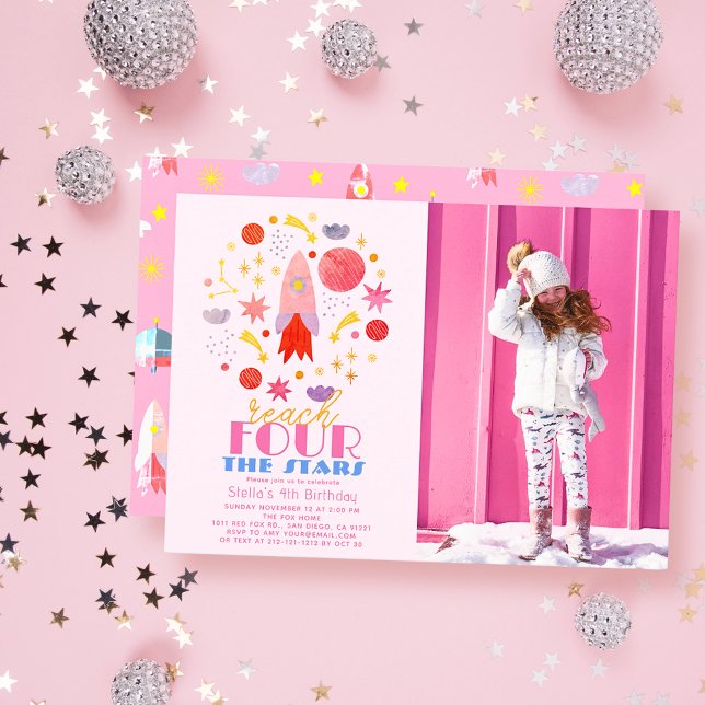 Reach FOUR The Stars Pink Space Photo Birthday Invitation (Creator Uploaded)